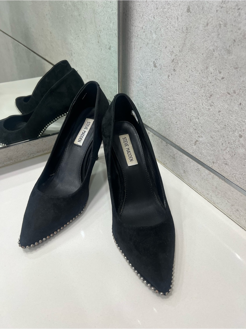 Steve Madden Black Suede Pointed Toe Pumps with Silver Stud Accent